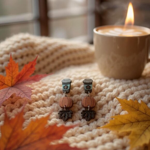 PUMPKIN SPICE LATTE COFFEE, FALL AUTUMN LEAF WOODEN DROP DANGLE EARRINGS - Picture 3 of 3